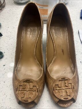 Tory Burch Metallic Bronze Peep-Toe Logo Heels